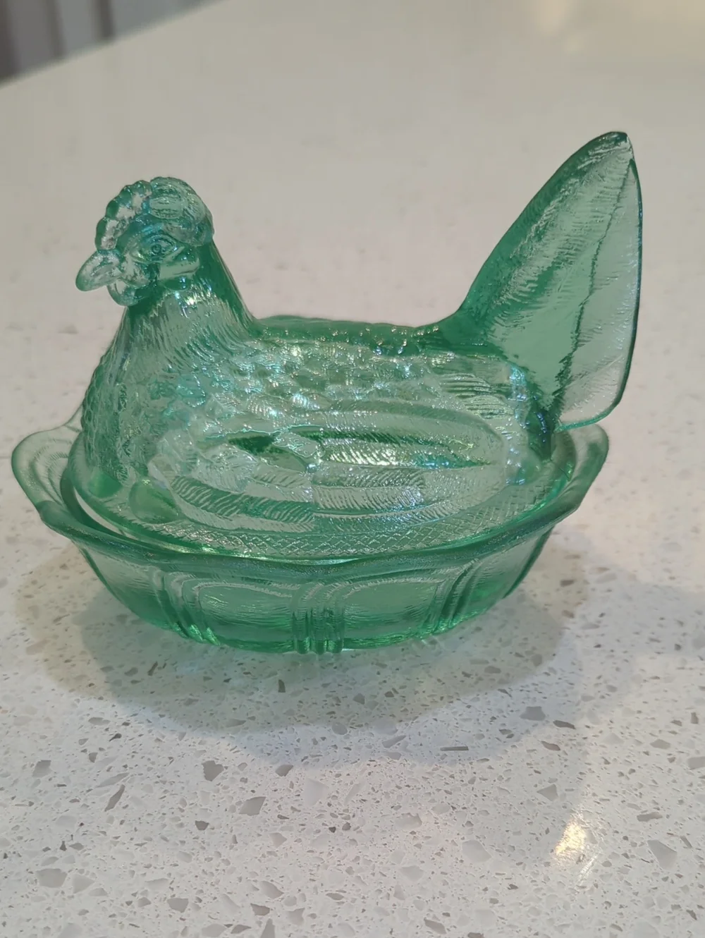 Vintage Fenton Green Glass Hen on Nest Dish Stamped Fenton